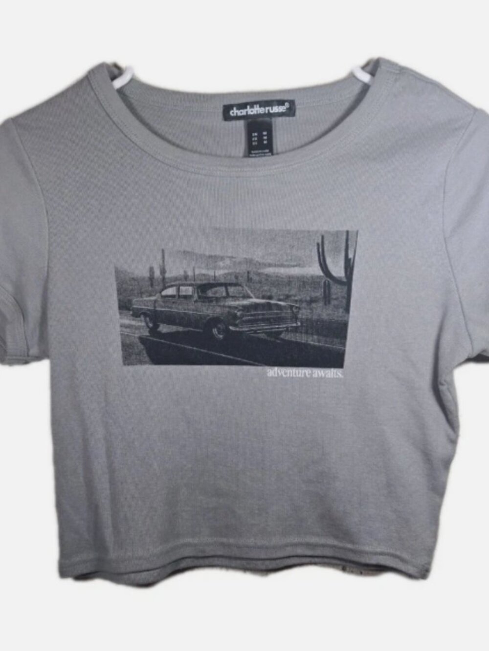 Charlotte Russe MEDIUM Baby Tee Shirt Adventure Awaits Vintage Car Women Top